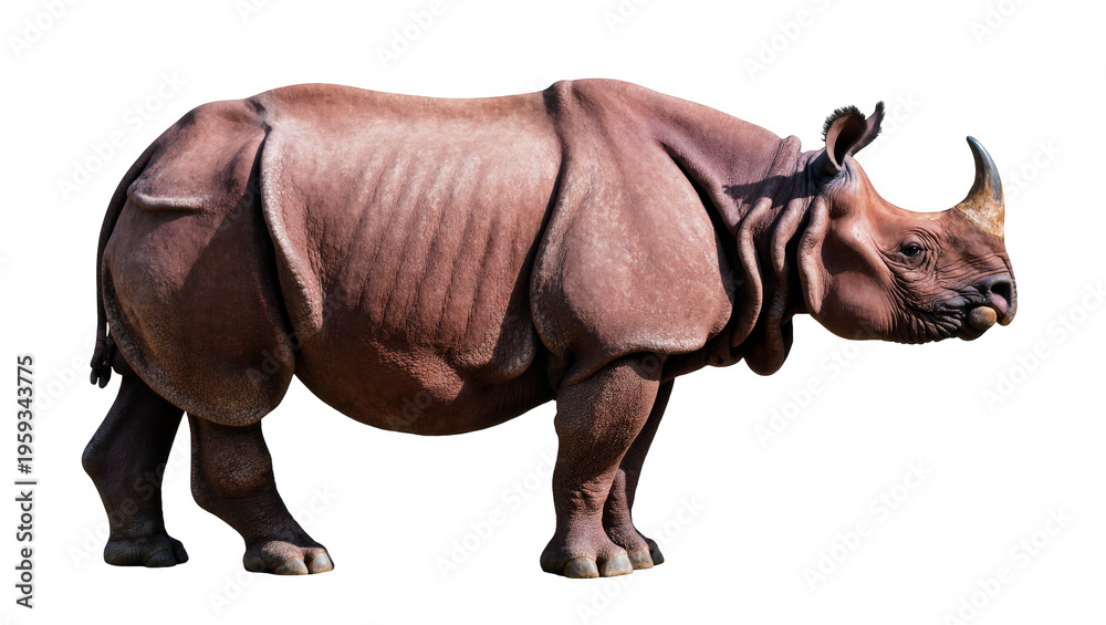 Fototapeta premium Powerful African rhinoceros with thick, wrinkled skin and impressive horn standing majestically