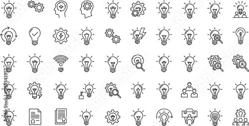 Set of innovation and idea icons including light bulbs, gears, brain, teamwork, and creative thinking symbols in line vector style