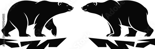 Two Polar Bear Silhouettes Walking On Ice Floe Black Mirror Image Arctic Wildlife Vector Illustration For Winter Decor Environmental Conservation And Digital Crafting Projects