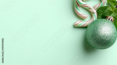 A green background features a candy cane and a green ornament on the side, suitable for holiday themes and decorations