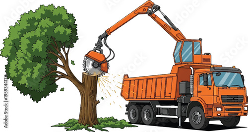 Tree removal, logging truck, orange machinery, heavy equipment, arboriculture isolated on Transparent Background