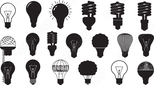 Light Bulb Icons, Black and White, Vector Graphics, 20 Bulb Symbols isolated on Transparent Background