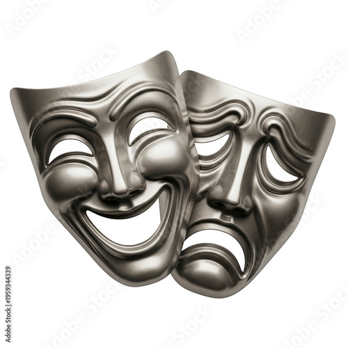 Two silver comedy and tragedy masks isolated on transparent background, representing drama and theater