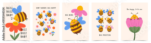 Cute bee nursery poster or greeting card set with positive quotes. Hand drawn vector illustration  with smiling honey bees and flowers for kids room decor, baby shower, wall art prints and stickers