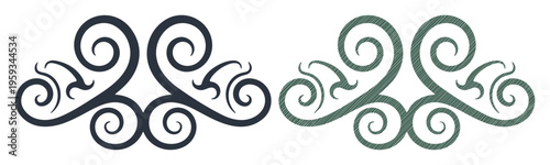 Elegant decorative flourish with swirling lines in dark blue and green