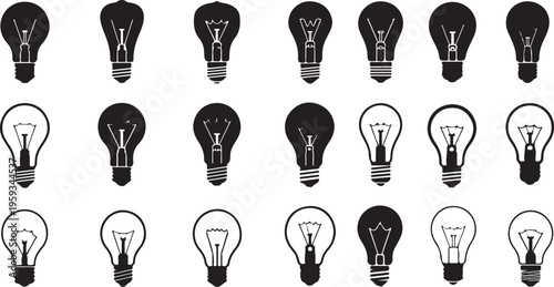 Light Bulb Icons, Black and White Bulbs, Vector Lightbulbs, Electricity Symbols isolated on Transparent Background
