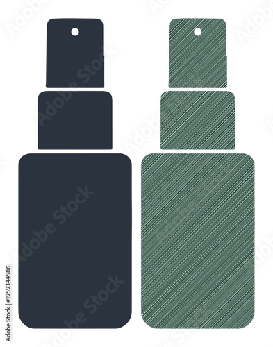 Two minimalist spray bottles in dark blue and green hues, representing skincare or cleaning products.