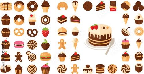 Set of sweet desserts and bakery treats including cakes, cupcakes, donuts, cookies, and ice cream in colorful flat vector illustration style