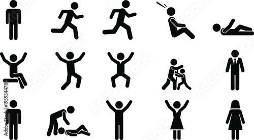 Set of human pictogram silhouettes showing actions, activities, and emergency situations isolated on white background, icon collection for infographic and signage design
