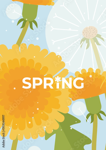 Hello Spring card or poster with cute dandelion. Floral art template for banner, cover, seasonal decor, advertising, social media, web