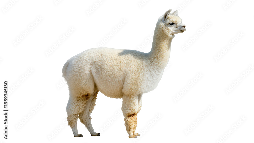 Obraz premium Adorable fluffy white alpaca standing peacefully in a side view, looking gentle and calm