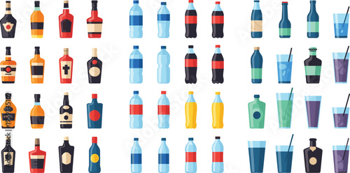 Set of beverage bottles and drinks including water, soda, alcohol, and cocktails in colorful flat vector illustration style