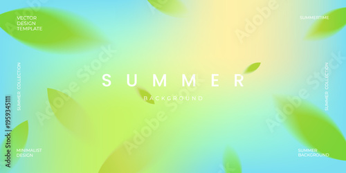 Summer background with green leaves on turquoise and yellow gradient in trendy soft blur style. Minimalist vector design, modern blurry foliage template for aesthetic banner and social media