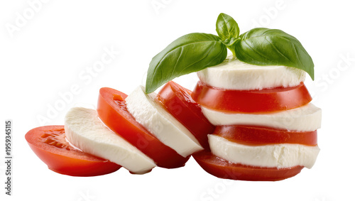 Stacked Caprese salad, fresh tomatoes, mozzarella cheese, and fragrant basil leaves.