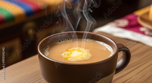 Steaming cup of butter tea on table.