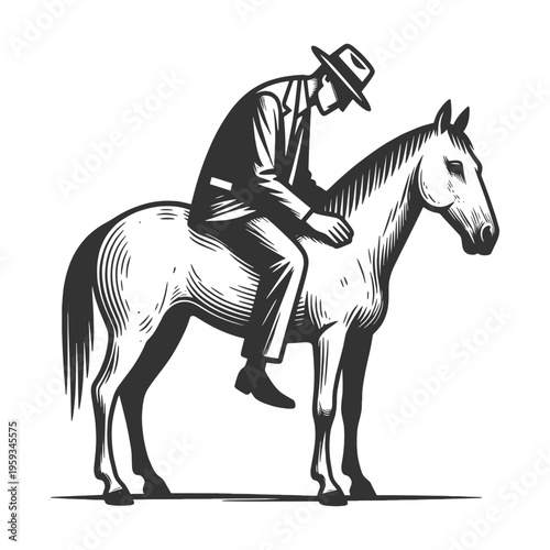 fatigued businessman slumped on a weary horse, burnout, overwork, and exhaustion in modern life sketch engraving generative ai vector illustration. Scratch board imitation. Black and white image.