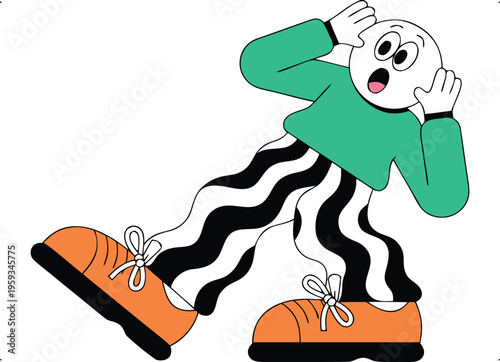 Shocked cartoon character holding head in panic, expressing surprise or fear, vector illustration.