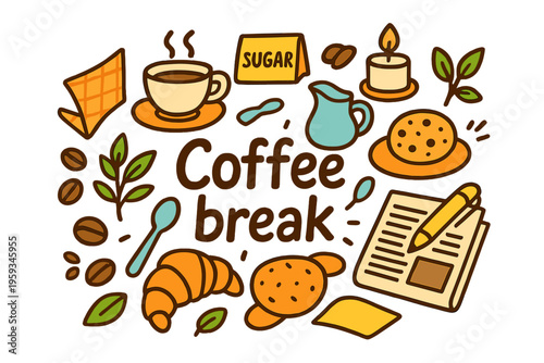 Coffee Break Essentials. Coffee break. Hand-drawn doodle illustration of coffee break. Cup, saucer, beans,