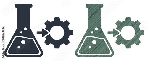 Laboratory flask connected to a gear symbolizing scientific process and innovation