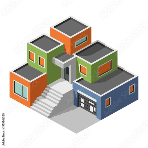 Isometric illustration of a modern, multi-level residential house with a garage and vibrant colored sections.
