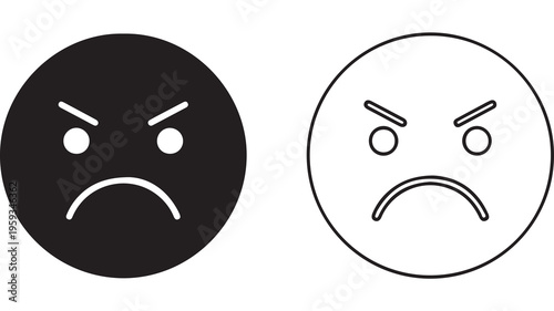 Angry face icons set with black and white outlines