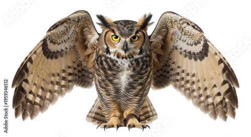 A large owl with its wings spread wide and talons extended, isolated on transparent background, looking directly at the viewer with bright yellow eyes
