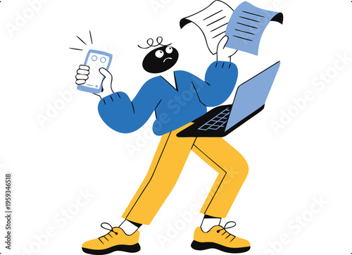 Overwhelmed person multitasking with phone, laptop, and documents, illustrating modern digital work stress.