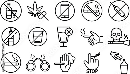 No Smoking and Addiction Prohibition Icons Vector