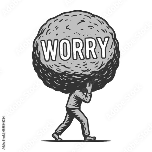 man carrying a large burden labeled worry, stress, anxiety, and overwhelming mental pressure in daily life sketch engraving generative ai vector illustration. Scratch board imitation. Black and white.
