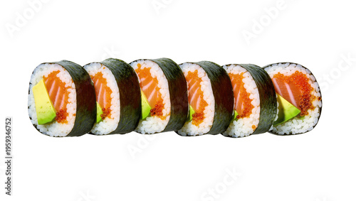 Fotografía Row of fresh salmon and avocado maki sushi rolls with roe, healthy Japanese food