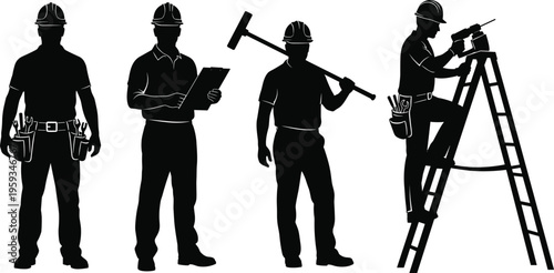 Construction worker silhouettes set featuring contractor with tools, engineer with clipboard, builder on ladder, and handyman for industrial renovation projects.