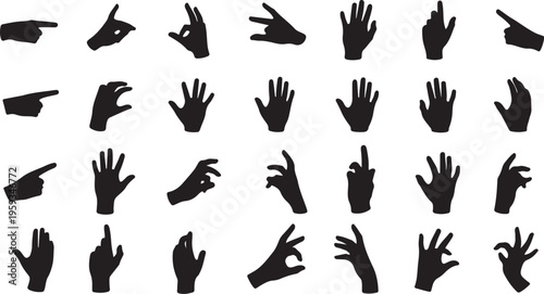 Hand gestures, black hand icons, 25 hand symbols, hand signs vector isolated on Transparent Background