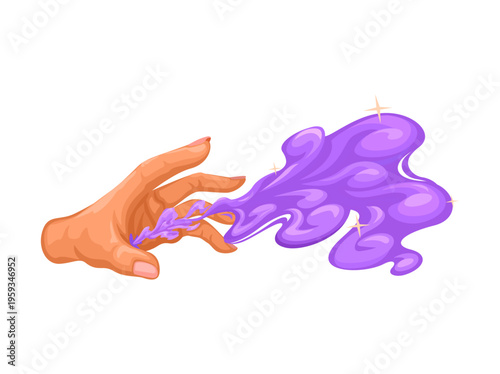 Hand Casting Magic Spell with Purple Energy Smoke Illustration Vector