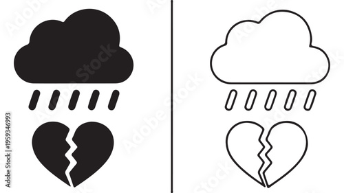 Sad heart with rain cloud symbol, black and white
