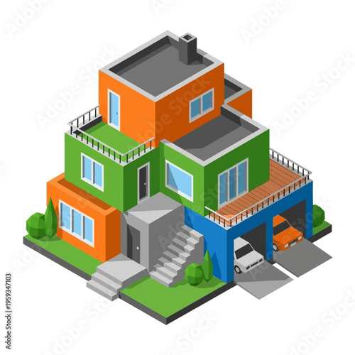 A vibrant isometric illustration of a modern multi-story house with a garage, balconies, and colorful geometric sections.
