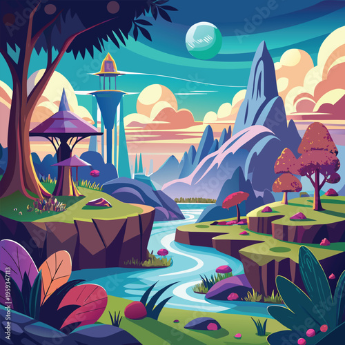 Fantasy landscape, futuristic scenery, colorful illustration, vector illustration