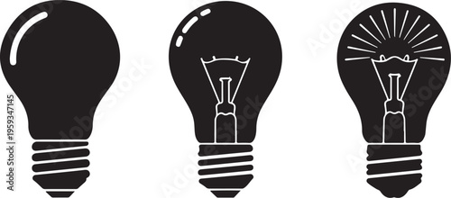 Black light bulb icons, vector lamp illustrations, creative ideas, innovation symbols isolated on Transparent Background