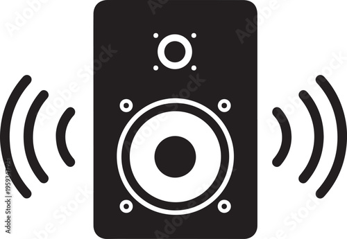 Black speaker icon, sound wave symbol, audio signal, wireless sound isolated PNG with Transparent Background