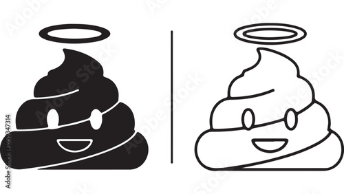 Smiling poop emoji with halo, black and white