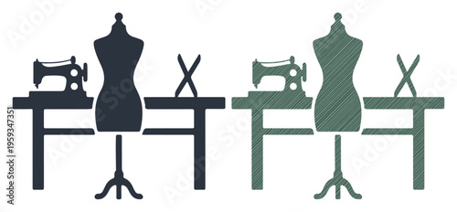 Sewing studio setup with mannequins, sewing machines and scissors