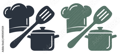 Culinary tools including chef hat, pot, and spatula for cooking