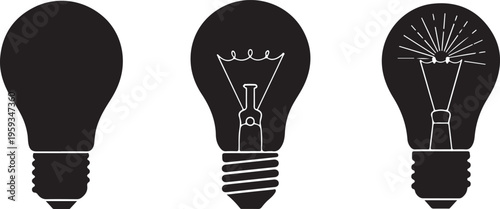 Light bulb icons, black silhouette set, creative ideas, inspiration symbols isolated on Transparent Background