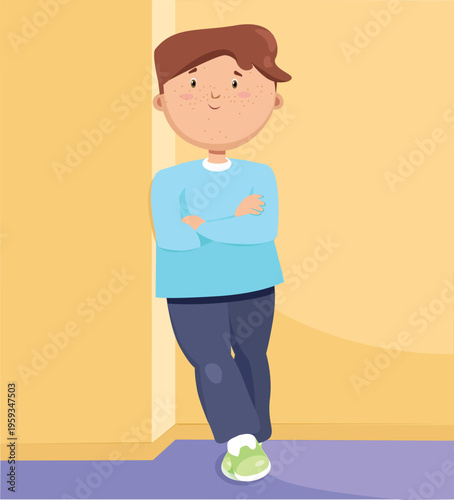 Portrait of a happy boy with freckles standing with arms crossed, flat vector illustration.