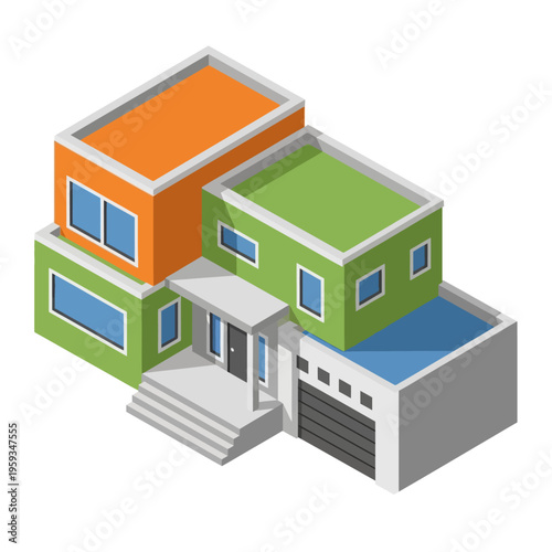 Isometric view of a modern multi-story residential house with a garage and a swimming pool.
