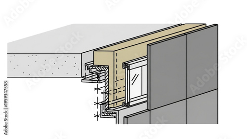 Detailed illustration of a building's exterior wall section showcasing construction materials and architecture
