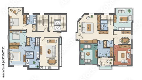 Floor plans show two apartments with interior rooms and furniture layouts.