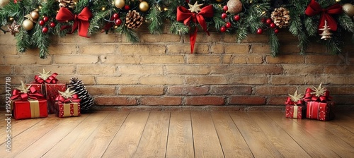 Festive Christmas Brick Wall with Colorful Decorations, Neatly Arranged Gifts, and Holiday Cones