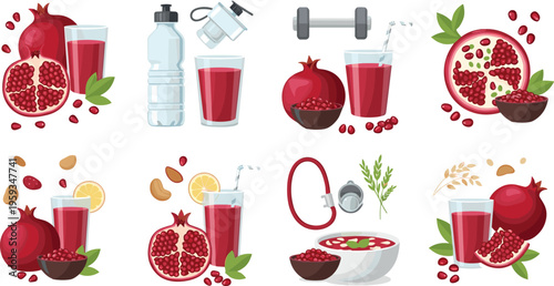 Pomegranate healthy lifestyle set with juice, fitness elements, water bottle, salad bowl and fresh fruit nutrition vector collection isolated on white background