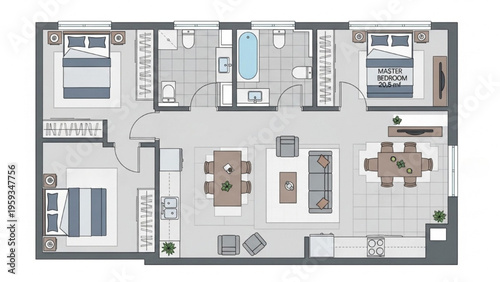 A floor plan illustration shows a modern apartment layout with living room, kitchen, bedrooms, and bathrooms.