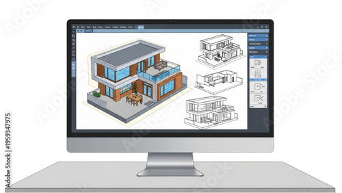 Architect designs modern house blueprints on computer screen with software